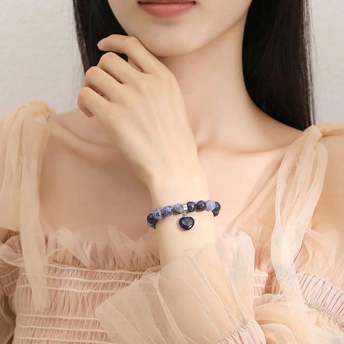 MAIBAOTA Healing Crystal Bracelet for Women, 8 mm Natural Gemstone Beaded Bracelet, Love Heart Bracelet Jewelry Gifts for Birthday Mothers Day Valentine's Day Anniversary