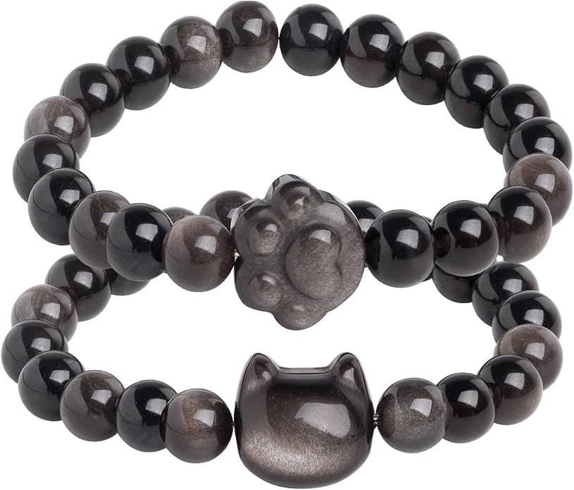 Black Obsidian Cat Bracelet and Moon Pendant Necklace Jewelry Set-Cat Lover Gifts,Wealth Attraction,Good Luck,Bead Bracelet,Mindfulness,Beaded Bracelets, Obsidian Pendant Necklace-Cute Gifts for Women