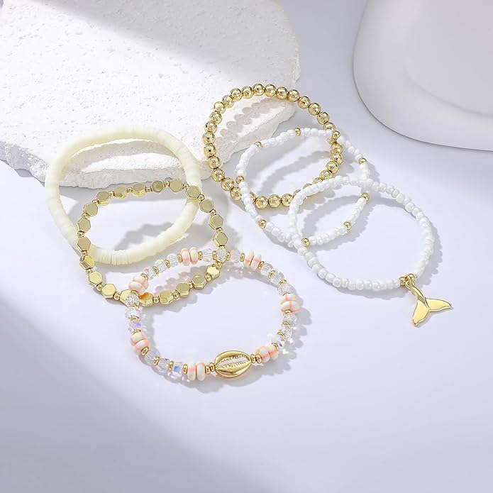 Heishi Beaded Stretch Bracelets for Women Stackable Polymer Clay Beads Bracelets Friendship Boho Summer Beach Bracelet Jewelry Set