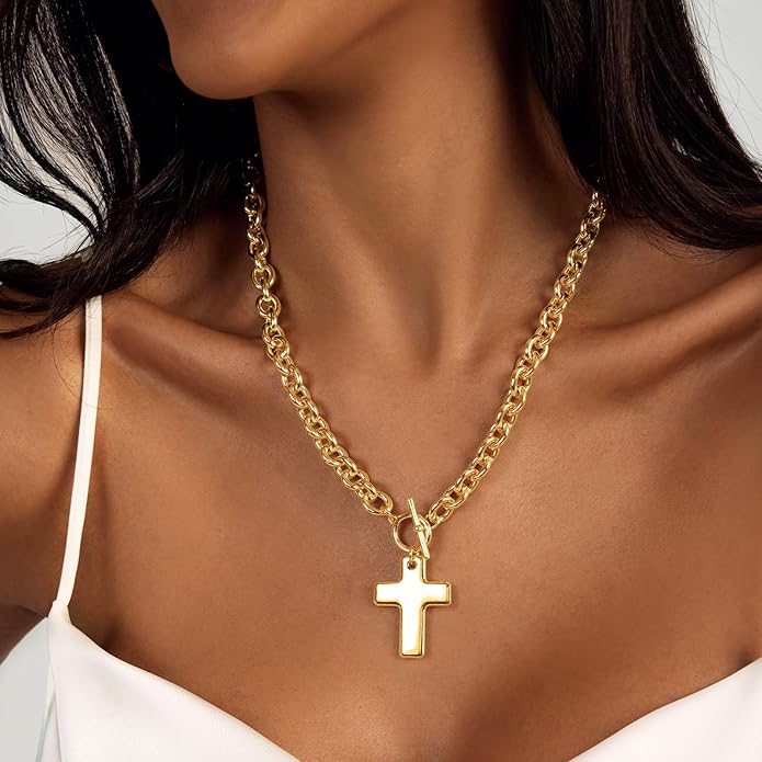 Zeffy 14K Gold/Silver Plated Chunky Thick Chain Toggle Clasp Necklace Dainty Baroque Pearl/Heart/Cross/Turquoise Pendant Necklace