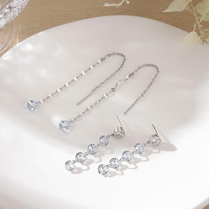 Dangle Earrings For Women Trendy 14K Gold Plated Drop Silver Long Dangling Dainty CZ Simple Hanging Jewelry