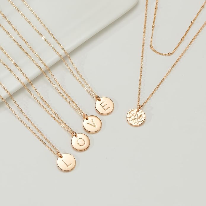 Valentines Gifts for Her - Initial Layered Necklaces for Women, 14K-Gold-Plated Coin Letter Necklace Bar Stacking Layer Necklace Multi Bar Layering Y-Necklaces Jewelry for Women
