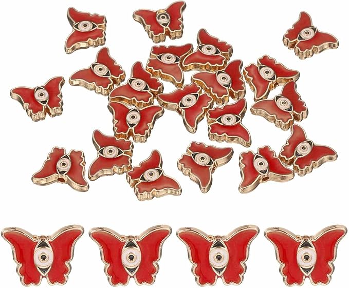 MECCANIXITY 20 Pcs Butterfly Evil Eye Beads Colorful Flat Loose Spacer Evil Eye Charms for DIY Bracelet Earrings Necklace Crafts Jewelry Making, Red