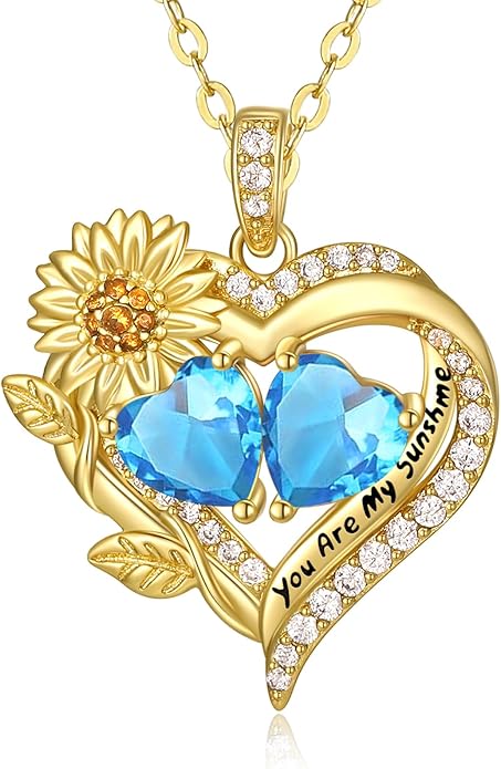 Sunflower Heart Necklace for Women 14K Gold Exquisite Valentines Day Anniversary Birthday Gifts for Wife Mother Her Double Birthstone Pendant Jewelry‘You Are My Sunshine’