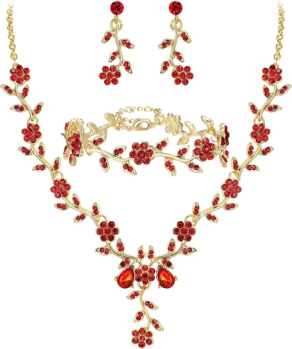 BriLove Women's Wedding Jewelry Leaf Cluster Flower Crystal Dangle Earrings Pendant Necklace Set for Bridal