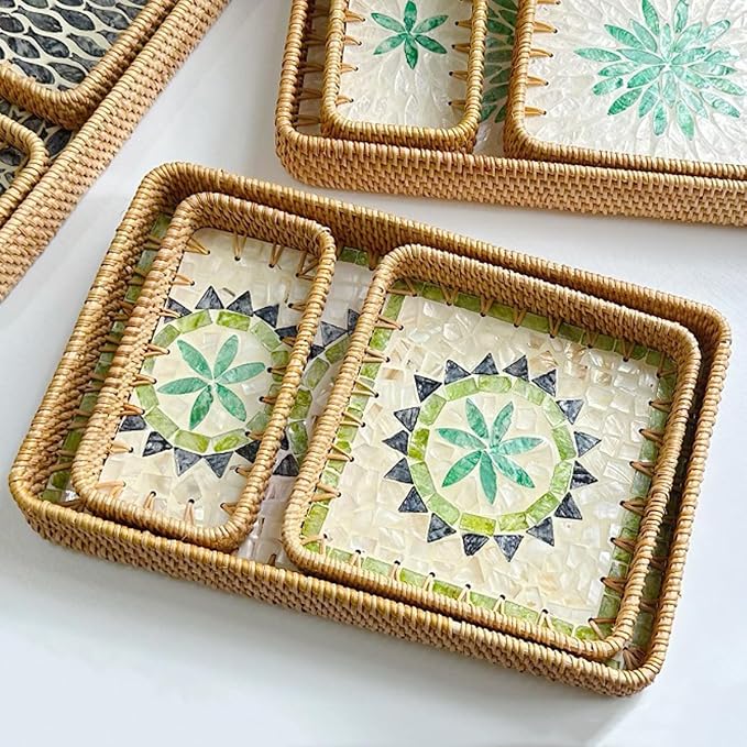 i-lan 15" Green Rattan Nesting Tray Set, Mother of Pearl Inlay, mail or - Image 4