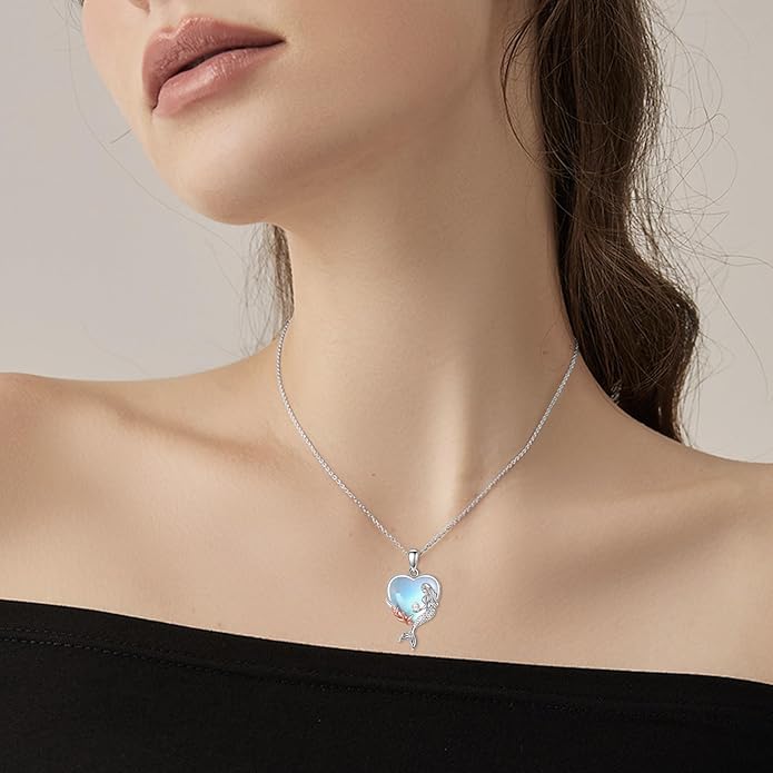 KQF Dragonfly/Butterlfy/Cat/Jellyfish/Bunny/Axolotl/Bee/Mermaid/Hummingbird/Elephant Necklace for Women Sterling Silver Moonstone Pendant Necklace Dragonfly Jewelry Gifts for Women