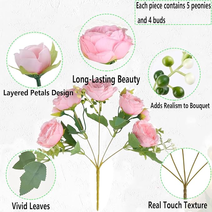 Peonies Artificial Flowers 12 Bundles Pink Flowers Bouquet, Lifelike Silk Fake - Image 5