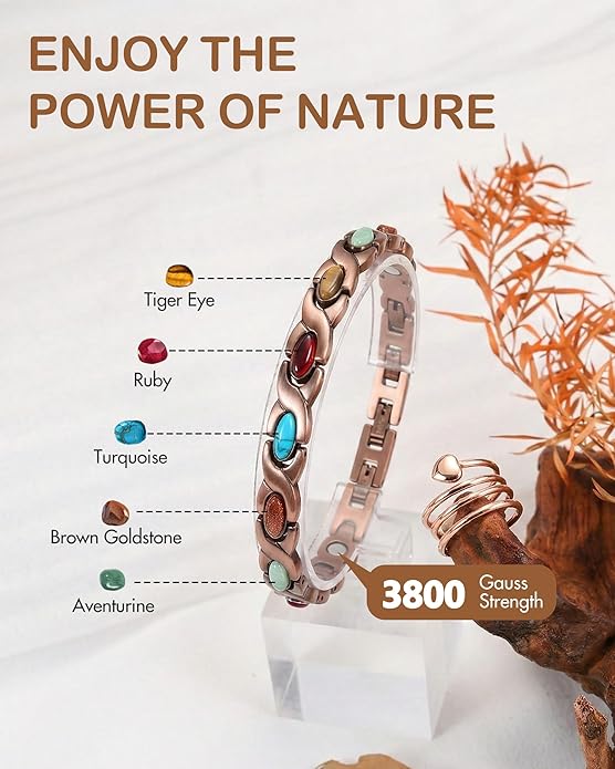 Feraco Pure Copper Bracelets & Rings for Women, Ultra Strength Magnetic Bracelet with 3800 Gauss Magnets & Natural Turquoise & Stones, Adjustable, Jewelry Gift