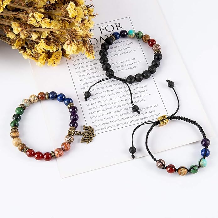 Bivei Chakra Bead Bracelets for Women - 8mm 7 Chakra Bracelet With Real Stones Yoga Gemstone Jewelry 3 Pack