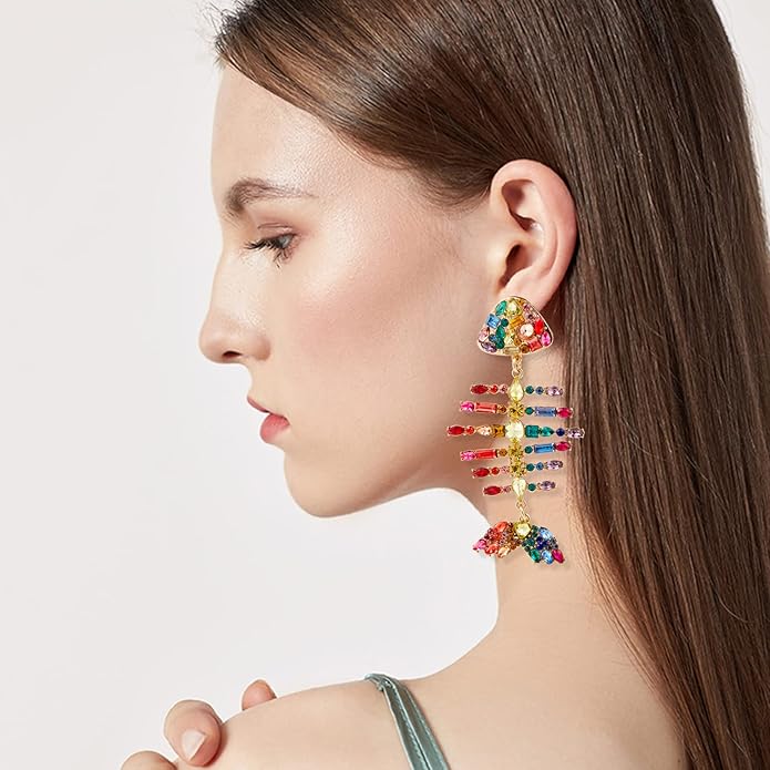 Creative Exaggerated Long Colorful Sparkly Crystal Fish Bone Dangle Drop Earrings Vintage Gold Cute Enamel Diamond Animal metal Stud Earrings