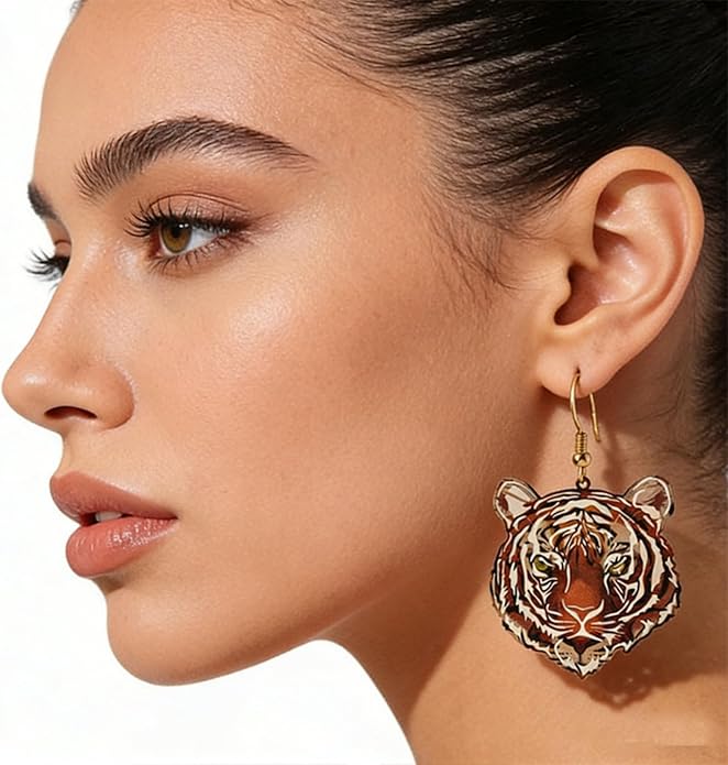WCRAZYE Tiger Head Earrings for Women, Lightweight Gold, Football Team Spirit Mascot, Animal Inspired Game Day Jewelry