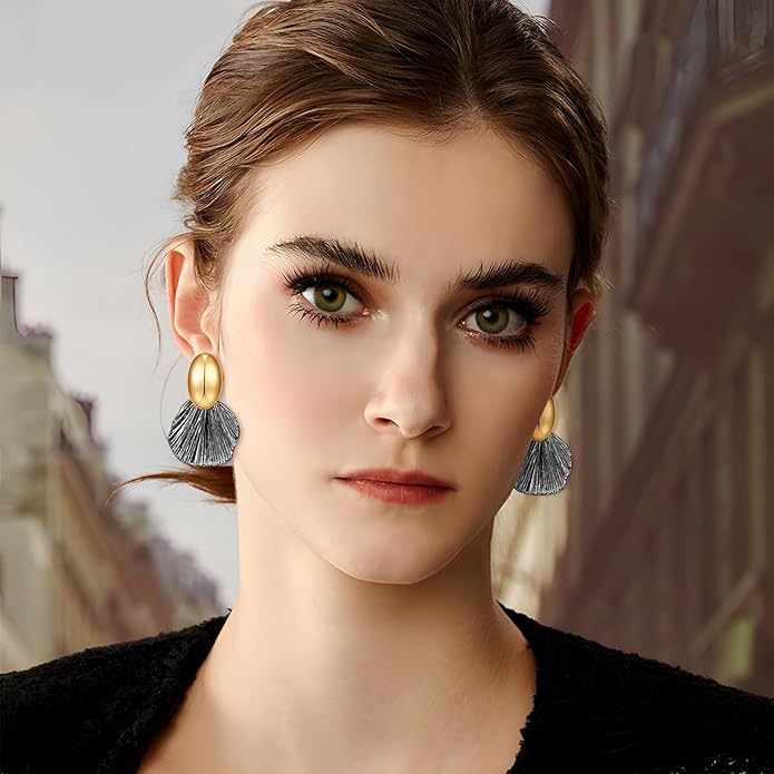 Gold Plated Earrings Dangle Chunky Fan-shaped Earrings Shell Earring for Women Two-Tone Fashion Statement Jewelry