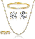 Gemsme 18K White Gold Plated Tennis Necklace/Bracelet/Earrings/Band Ring Sets Hypoallergenic Jewelry Pack of 4