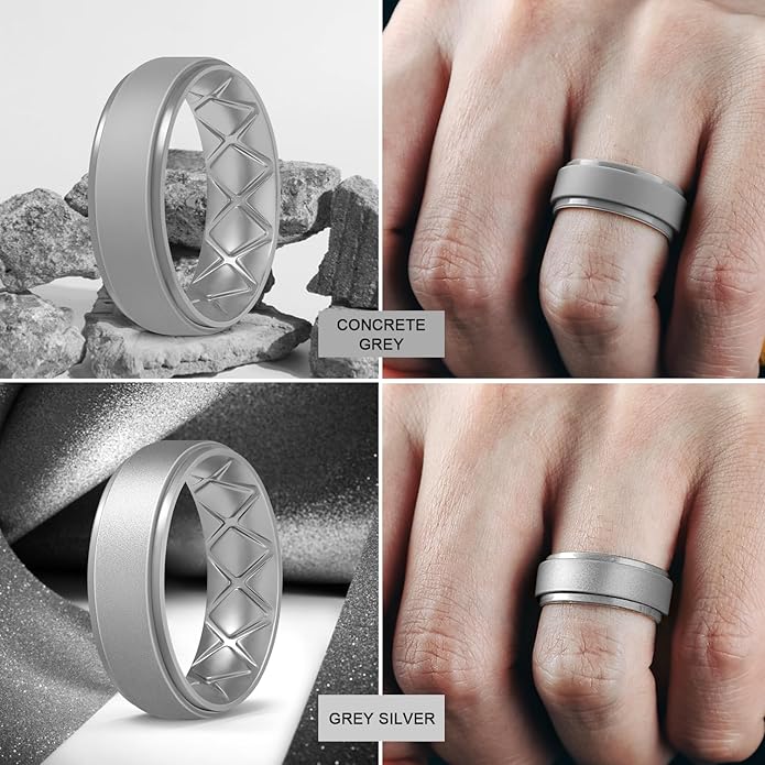 Egnaro Men's Rings 8.5mm Wide-2mm Thick Inner Arc Ergonomic Breathable Rubber Wedding bands-Hypoallergenic for Gym/Outdoor/Gift((1-7 Variety Pack with Half Size)
