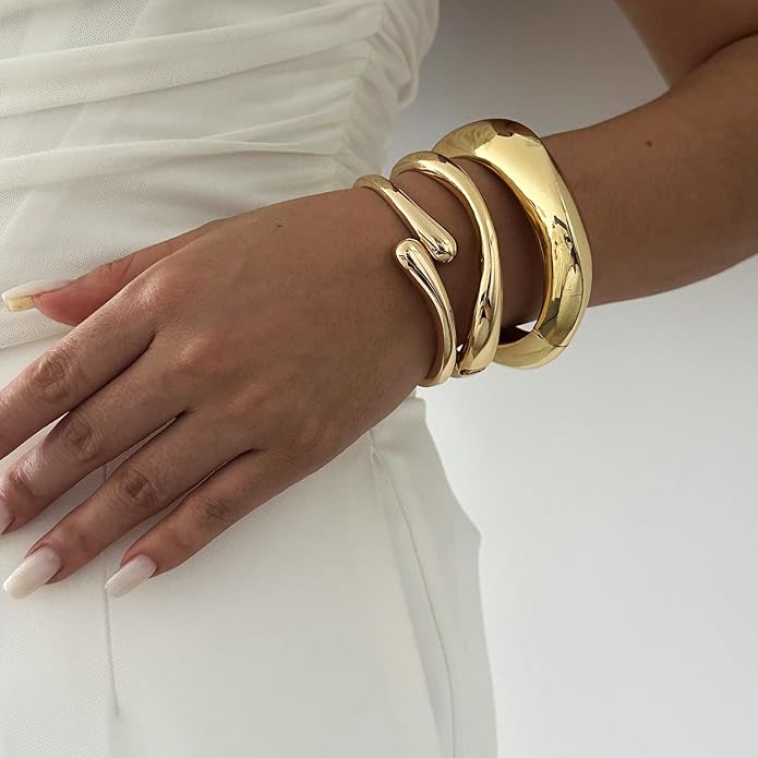 Chunky Gold Bangles Bracelets for Women Gold Cuff Bracelet Set Waterproof Non Tarnish Stack Bracelet for Women Gifts