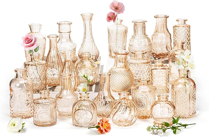 Clear Amber Gold Glass Bud Vase Set of 24 Pcs, Small Bud Vases in Bulk by JXINDUJU
