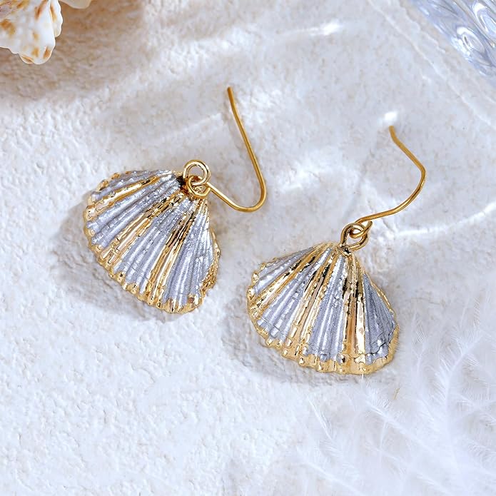 Beach Summer Sea Shell Earrings For Women, Tropical Natural Scallop Shell Jewelry Boho Earring Set Bulk Pack Vacation Dangling Drop Light Formal