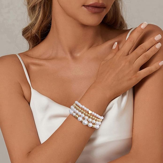 Gold Plated Beaded Bracelets for Women Trendy, 14K Gold Plated Stack Cross Pearl Gold Plated Bead Stretch Bracelets Set Elastic Hypoallergenic Bracelets Jewelry Gifts