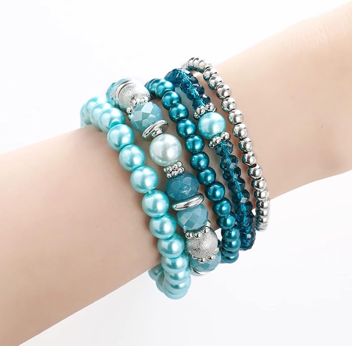 Noessla Beaded Pearl Stretch Bracelet Silver Stackable Crystal Beads Bracelets Trendy Costume Jewelry Mothers Day Gifts for Women