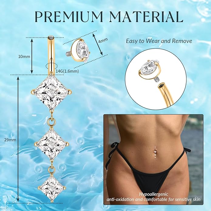 GAGABODY G23 Titanium Belly Button Ring Dangle Belly Rings Belly Piercing Jewelry 14G 3/8 inch 10mm Navel Barbell CZ Navel Piercing Ring