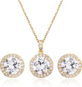 Bridal Crystal Jewelry Set - Sterling Silver Round Cubic Zirconia CZ Rhinestone Halo Birthstone Pendant Necklace Stud Earrings Set for Wedding Bride Bridesmaids Birthday Gift