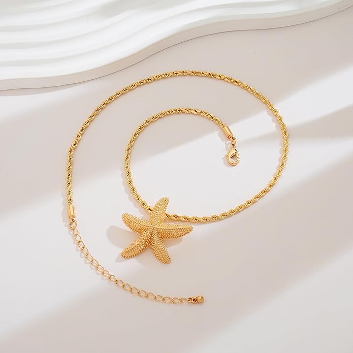 WOWORAMA Gold Necklace for Women Boho Spiral Conch Shell Necklace Starfish Necklace Vintage Ocean Sea Shell Choker Pendant Necklace Adjustable Summer Beach Jewelry
