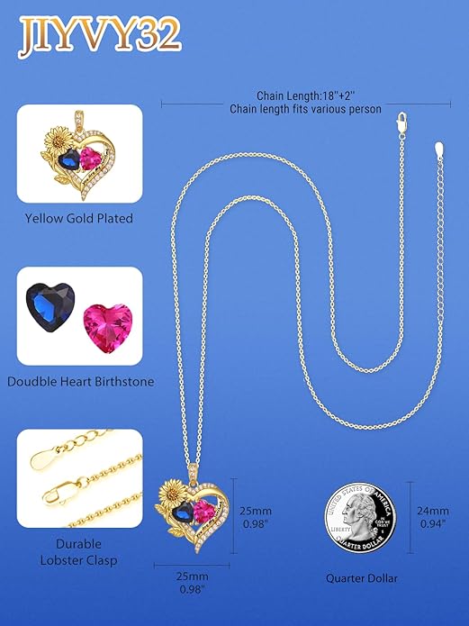 Sunflower Heart Necklace for Women 14K Gold Exquisite Valentines Day Anniversary Birthday Gifts for Wife Mother Her Double Birthstone Pendant Jewelry‘You Are My Sunshine’