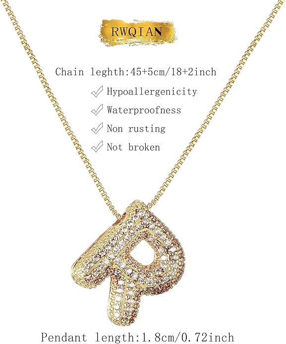 RWQIAN Letter Necklace for Women Bubble, Chunky Initial Alphabet A-Z Pendant Puffy Name Personalized Necklace Dainty Zircon CZ Fashion Jewelry Gifts for Girls Girlfriend