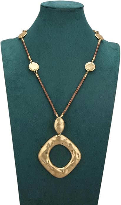 GelConnie Leather Necklace for Women Large Pendant Long Brown Necklace Circle Leather Choker Vintage Sweater Necklace Gold Chunky Boho Necklaces for Women