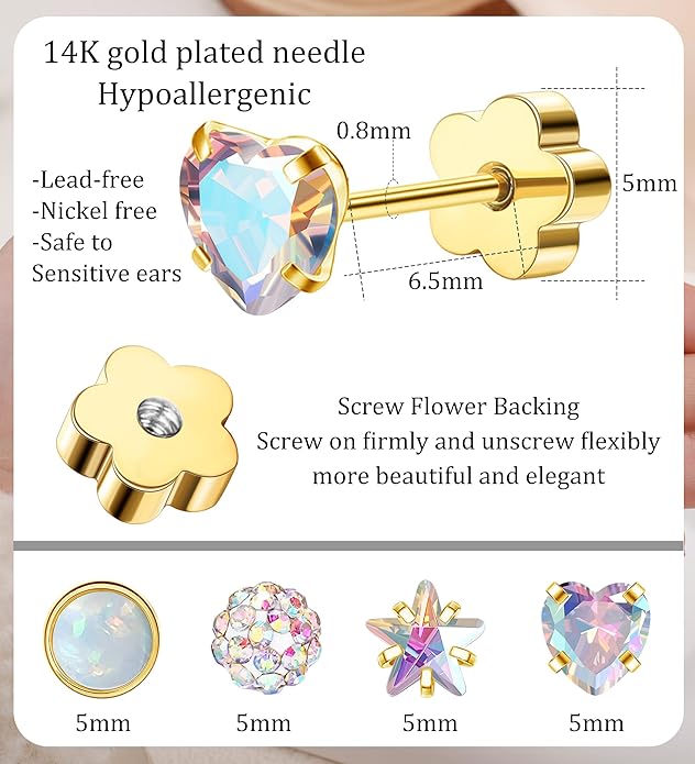 4Pairs 14K Gold Stud Earrings for Women Girls 316L Stainless Steel Hypoallergenic Earrings 20G Flat Back Handmade Nap Earrings Cute Screw Back Opal Heart Star Cartilage Earrings