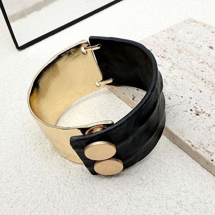Leather Bracelet for Women Black Leather Golden Bracelet Bangle Chunky Leather Wrap Bracelet for Women Statement Jewelry Gift