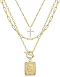MJartoria Layered Initial Necklaces for Women Trendy, 14K Gold Plated Brass Simple Dainty Cross Choker Square Letter Pendant Necklace, Paperclip Chain Necklaces Jewelry