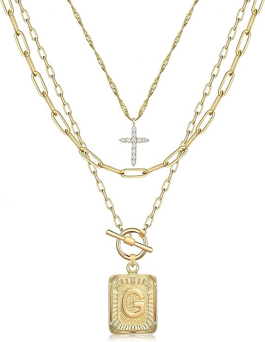 MJartoria Layered Initial Necklaces for Women Trendy, 14K Gold Plated Brass Simple Dainty Cross Choker Square Letter Pendant Necklace, Paperclip Chain Necklaces Jewelry