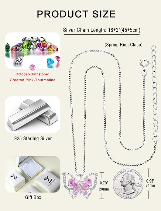 YL Women's Butterfly Necklace 925 Sterling Silver Flower Rose Pendant Birthstone Halo Jewelry