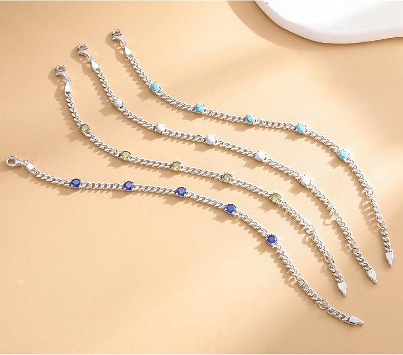 FANCIME 925 Sterling Silver 3.6mm Cuban Link Curb Chain Bracelet With Created Gemstone for Women Men Unisex