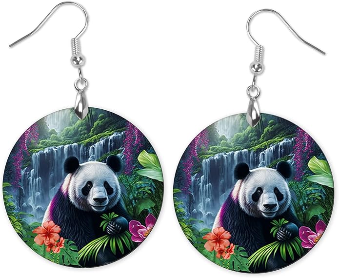 Round Wood Earrings Light Weight Printed Image Dangle Jewelry