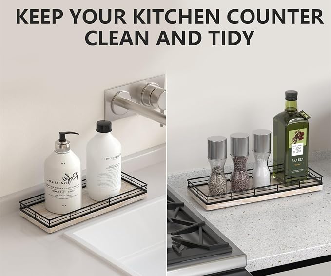 Bathroom Tray for Counter Top Organizer, Ash Wood Vanity Tray | Metal Frame for - Image 4