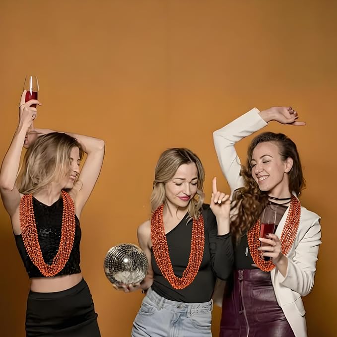 YAXINRUI 144 PCS Orange Bead Necklace, Orange Mardi Gras Beads, 33 Inch Halloween Beaded Necklace for Mardi Gras Christmas Halloween Festive Events