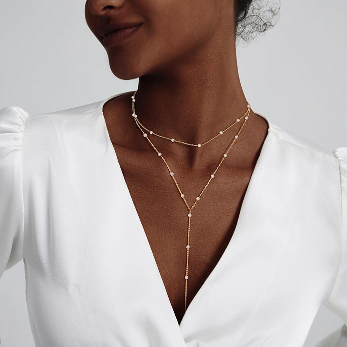 Gold Necklace for Women Trendy Lariat Y Necklace Dainty 14k Gold Plated/Silver Long Necklaces for Women Layered Beaded Drop Necklaces Simple Y-Shaped Chain Jewelry Gifts
