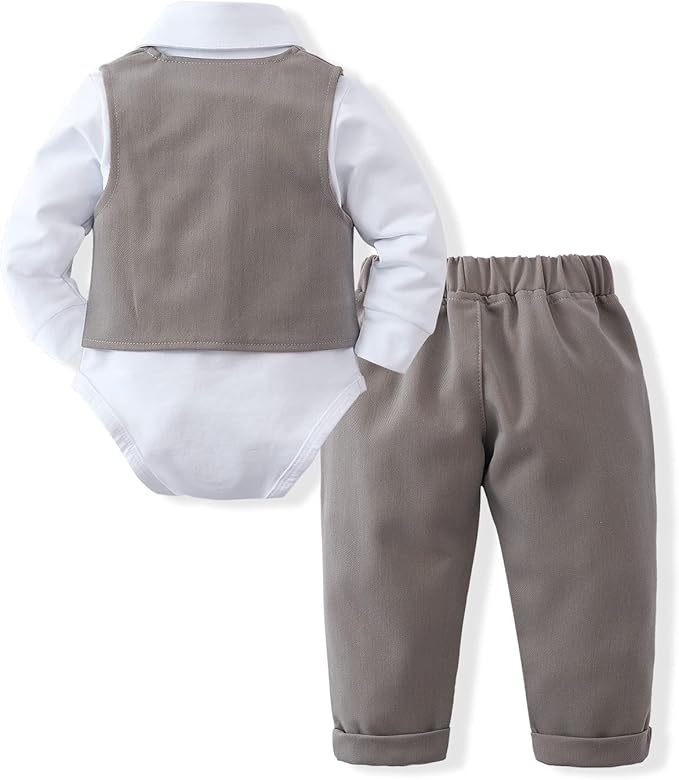 DISAUR Baby Boy Clothes Toddler Boy Outfits 4PCS Gentleman Dress Romper/Vest/Pants/Bow Tie Cotton Suit Sets