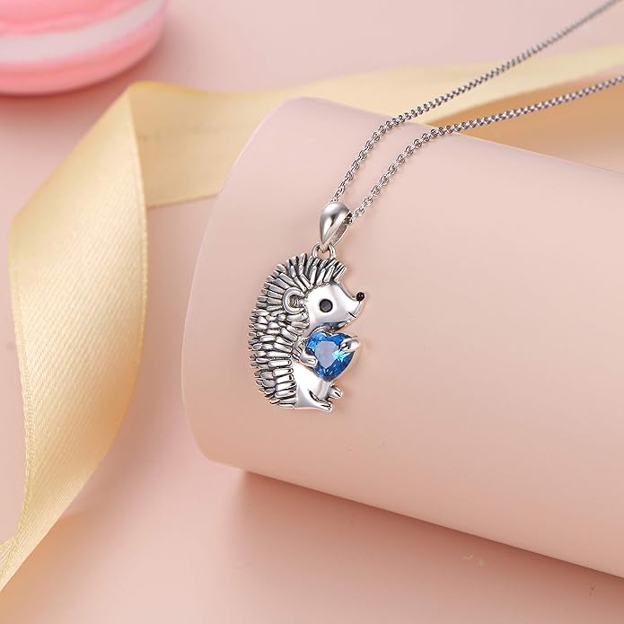 FLYOW 925 Sterling Silver Cute Animal Heart CZ Hedgehog Pendant Necklace and Stud Earrings Bracelet Set for Women Birthday Jewelry