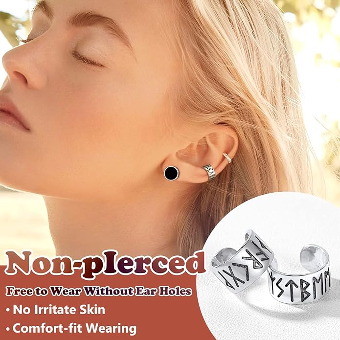 Silvora Ear Cuff 925 Sterling Silver Viking Runes Earrings for Men Women Viking Jewelry with Gift Box