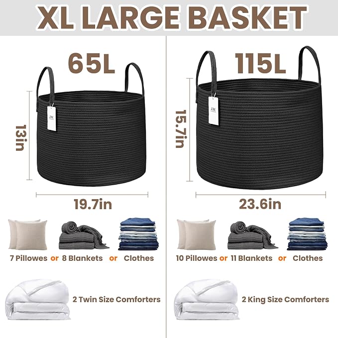 JMvicyroam 115L Extra Large Machine Washable Cotton Rope Blanket Basket | - Image 3