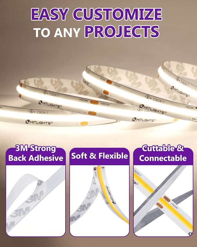 HitLights COB LED Strip Lights Neutral White 4000K, 16.4ft 24V, UL Listed | - Image 8