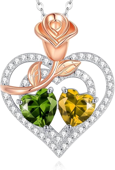 AGVANA Valentines Day Gifts Birthstone Necklace for Women Sterling Silver Rose Flower Heart Double Birthstone Jewelry Pendant Necklace Anniversary Birthday Gifts for Women Mom Wife Girlfriend Her