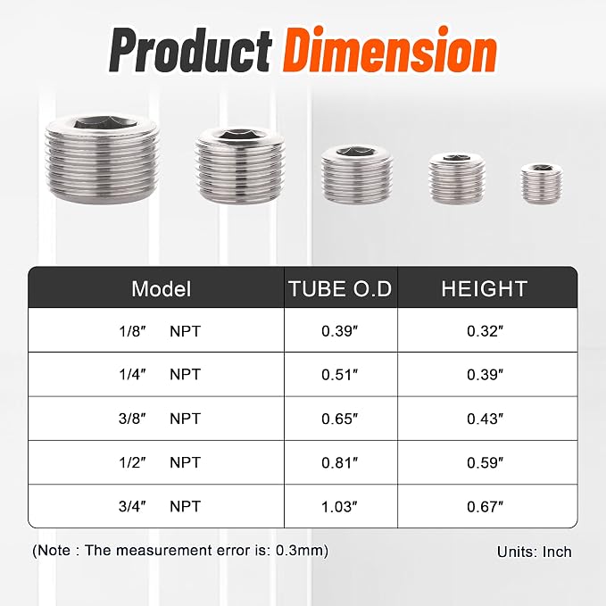 25Pcs 304 Stainless Steel Pipe Plug Fittings Kit, 5 Sizes | 1/8" 1/4" 3/8" 1/2" - Image 5