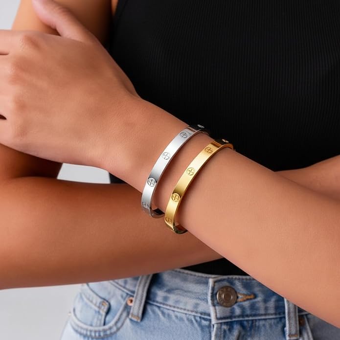 2Pcs 18K Gold-Plated Love Bangle Bracelets set for Women, Stainless Steel Cubic Zirconia Bangle Crystal Friendship Jewelry, Easter Wedding Birthday Gifts for Girlfriend, Wife, Monther