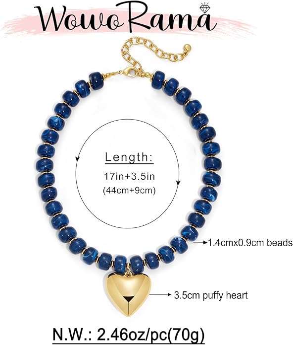 WOWORAMA Chunky Heart Necklaces for Women Colorful Resin Beaded Choker Necklace Gold Puffy Heart Statement Necklace Trendy Acrylic Choker Jewelry