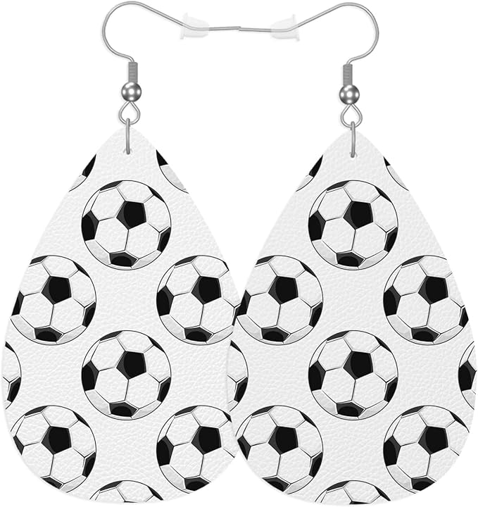 Football Fashion Leather Teardrop Ear Rings Black White Soccer Football Sport Leather Leaf Earrings Jewelry For Women Friends